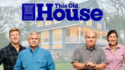 This Old House crew from left to right: a white make with red hair, a white male with gray hear and a mustache, a white male with brown hair on the sides, and white woman with balck hair pulled back in a ponytail. All four are wearing button-down collared shirts,