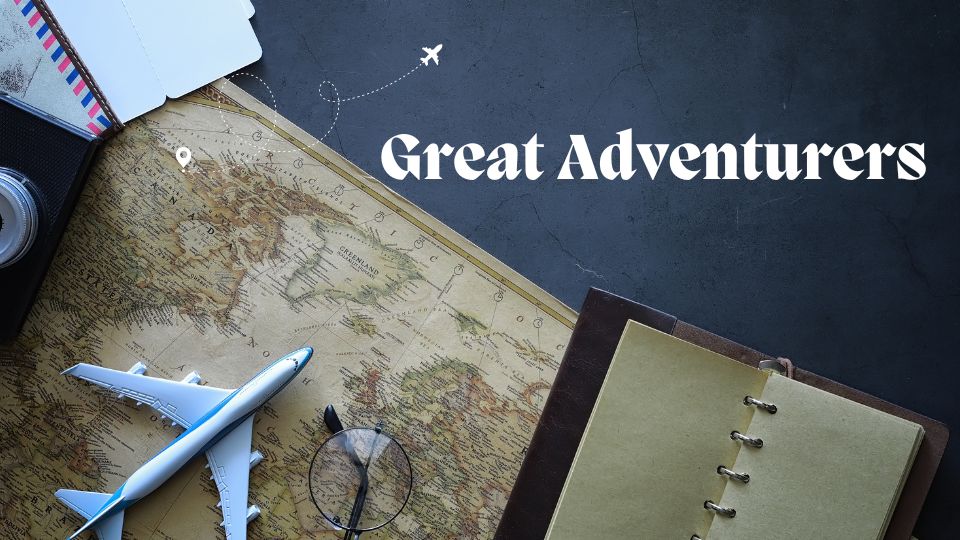 A plane positioned on a map with type in white that reads: Great Adventures