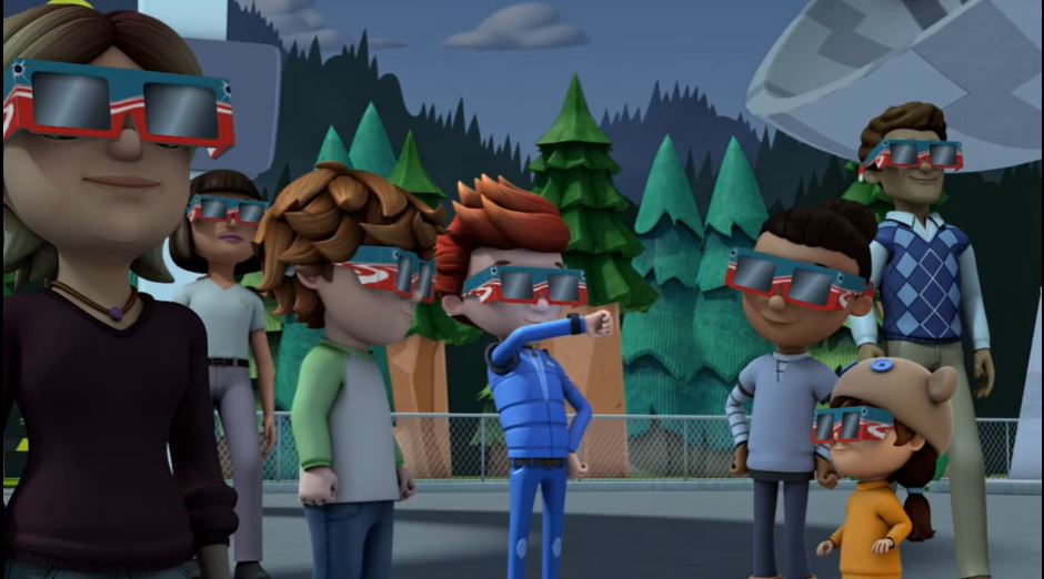 3-D animated kids in solar eclipse glasses