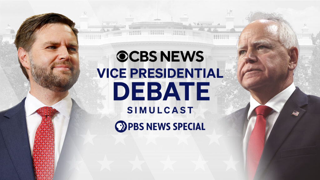 Senator JD Vance and Governor Tim Walz both wearing navy blue suit jackets, white shirts and red ties. Copy reads: CBS News Vice Presidential Debate Simulcast