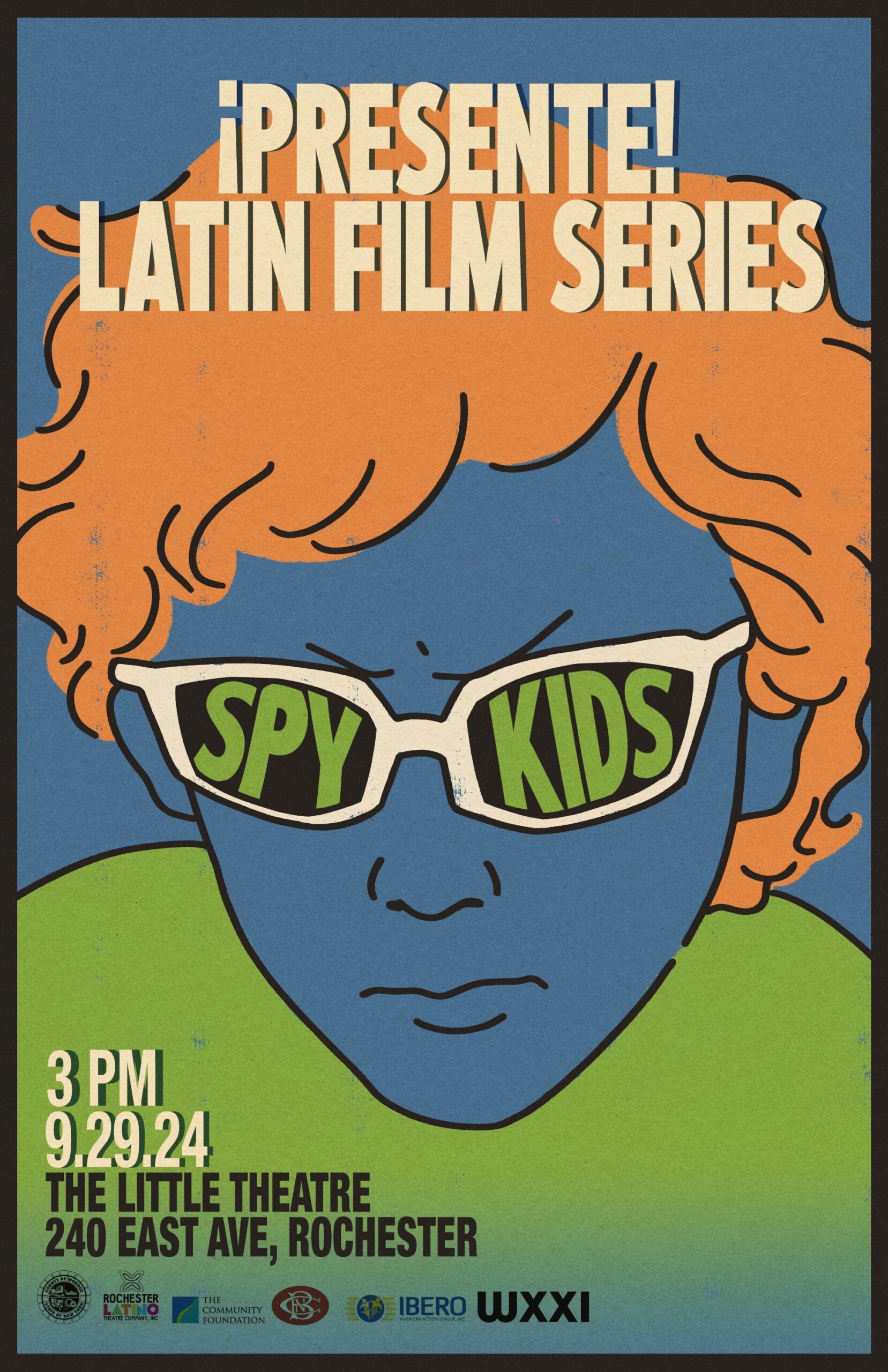 Film poster of a boy with blue skin and orange hair wearing glasses with green type that reads SPY KIDS