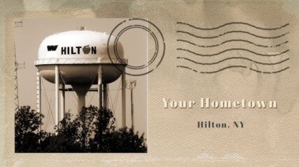 A water tower that reads: Hilton