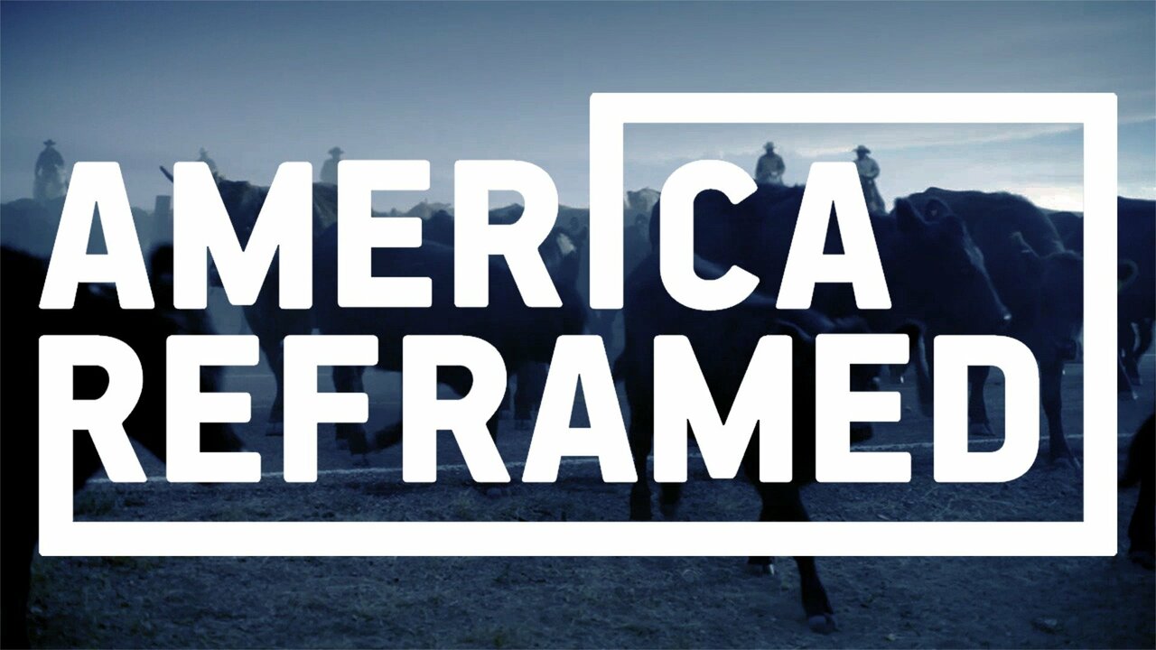 Test reads: AMERICA REFRAMED printed over a phot of a mountain scape with silhouettes of people on horseback