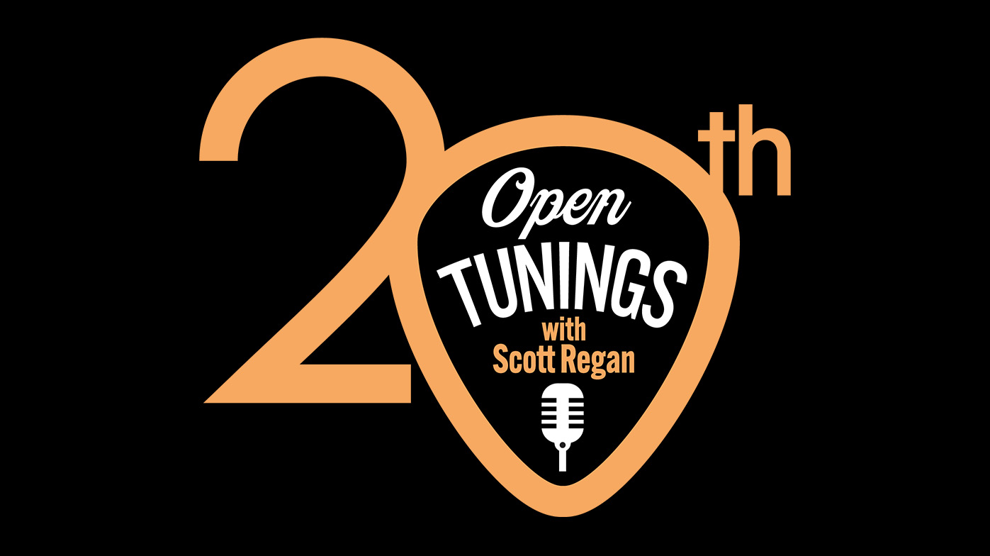 The number 20 with the 0 in shape of a guitar pick. In side the on the 0 is the words Open Tuning with Scott Regan and an icon of a microphone.