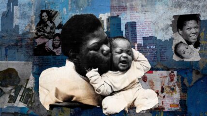 Artwork of Black woman kissing a Black baby, with a mural of archival images and cityscape in the background. from RENEGADES Celestine Tate Harrington Building a Legacy