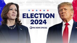 Vice President Kamala Harris and former President Donald Trump with blue type in between them that reads: ELECTION 2024.