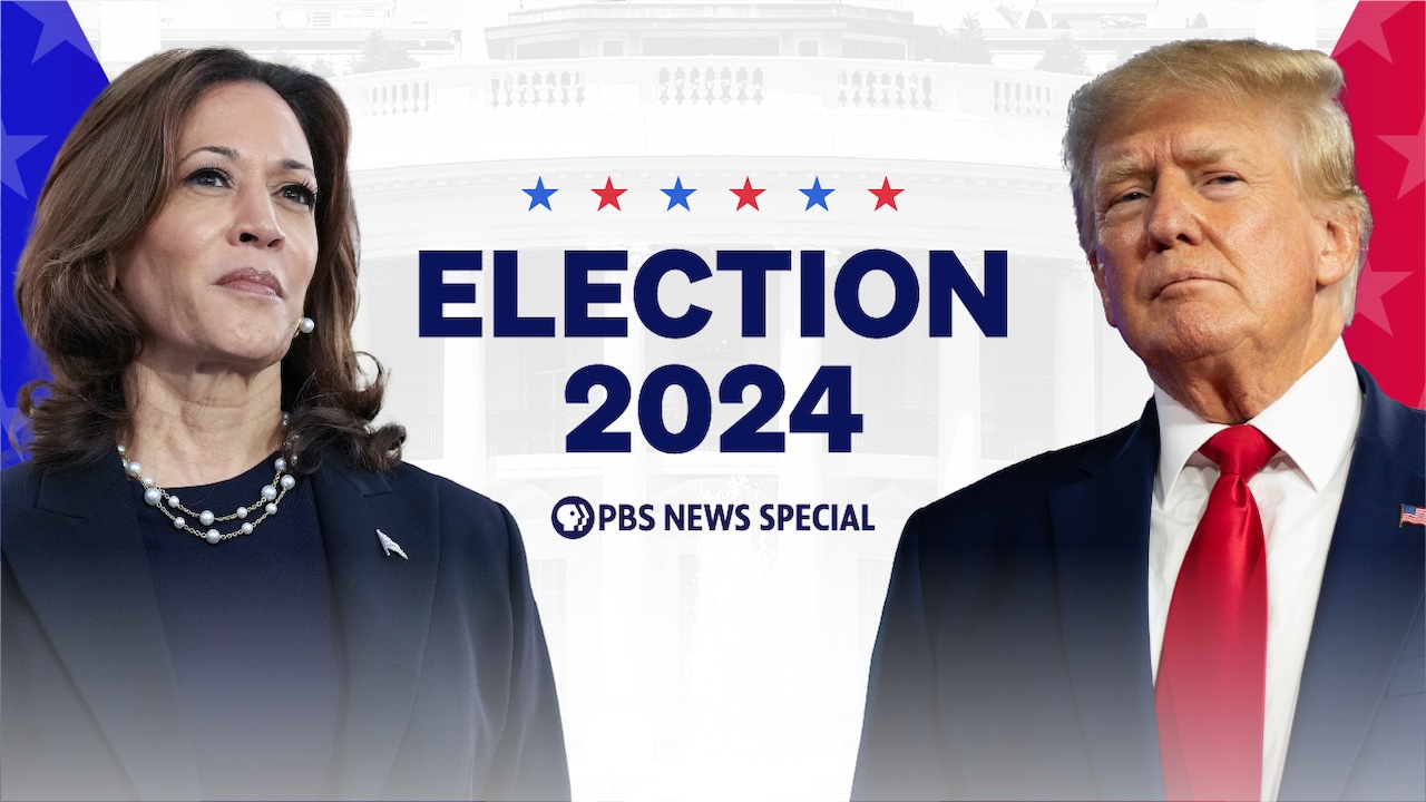 Vice President Kamala Harris and former President Donald Trump with blue type in between them that reads: ELECTION 2024.