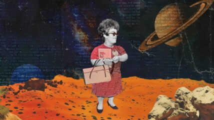 Artwork of white woman with dwarfism wearing a red dress and holding a book, standing on the surface of Mars with the galaxy behind her. Text reads: Judy-Lynn del Rey’s Del Rey Books sold 4.5 million copies of the first Star Wars novel months before the film franchise even began.