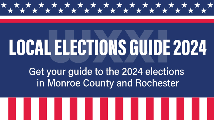 Red, white and blue background with type in white that reads: LOCAL ELECTION GUIDE 2024