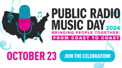 An illustration of a map of U.S. filled in Black with a blue and magenta microphone laying over the top of it. Copy in Black reads: "Public Radio Music Day" and in magenta "October 23"