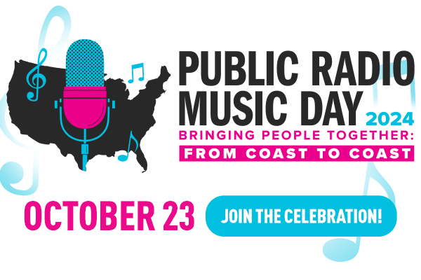 An illustration of a map of U.S. filled in Black with a blue and magenta microphone laying over the top of it. Copy in Black reads: "Public Radio Music Day" and in magenta "October 23"