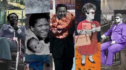 A montage of photos of a Black man in a wheel chair, a Black woman with her baby, a white woman in an red dress, and a Black man in a purple suite.