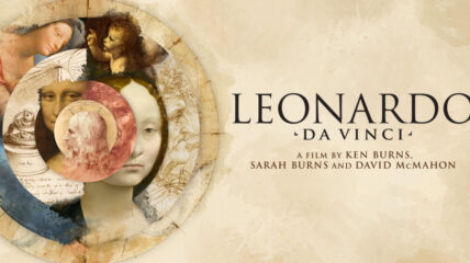 A montage of illustrations and artwork of da Vinci with the text in brown that read: LEONARDO DA VINCI