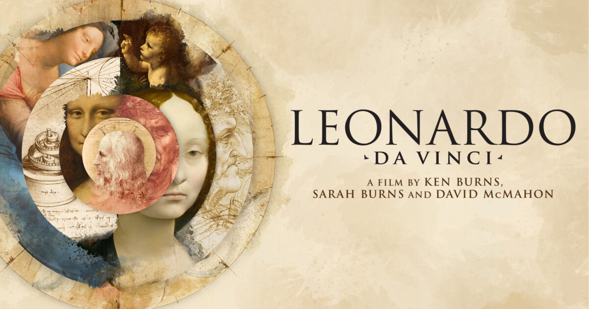 A montage of illustrations and artwork of da Vinci with the text in brown that read: LEONARDO DA VINCI