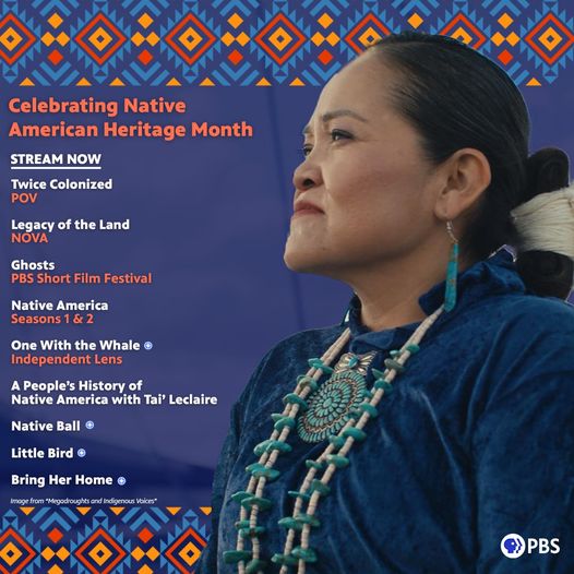 Celebrate Native American Heritage Month with a Native women in traditional dress pictured