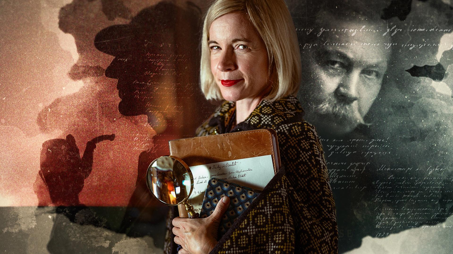 Lucy Worsley holding a book and magnifying glass.