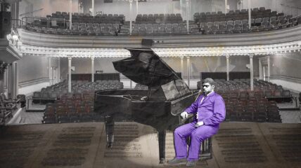 Thomas Wiggins: Composing the Future: A Black Man in a Purple Suit Sitting at a Grand Piano in a Concert Hall