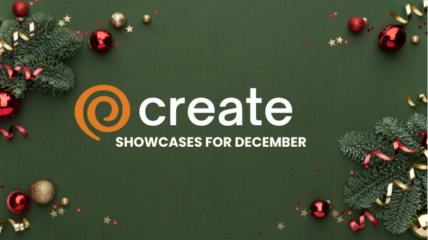 Green background with holiday red and gold baubles and evergreen springs with type in white that reads: create SHOWCASE FOR DECEMBER