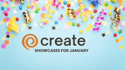 Confetti background on a light blue background with type in Black that reads: create SHOWCASE FOR JANUARY