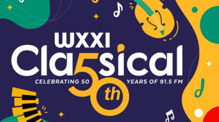 WXXI Classical 50th anniversary logo in white on a blue background