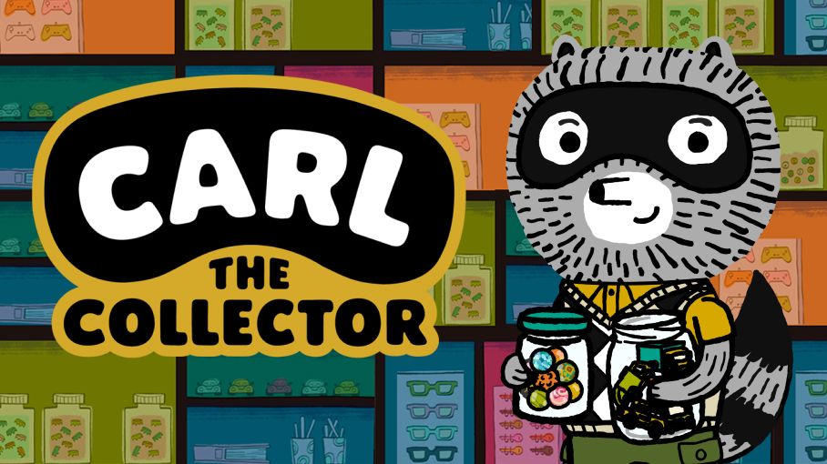 A raccoon character named Carl stands holding two glass jars full of his treasures.