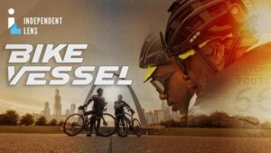 Title card for BIKE VESSEL with an image of two cyclists stand with their bikes with a city scape in the back ground.