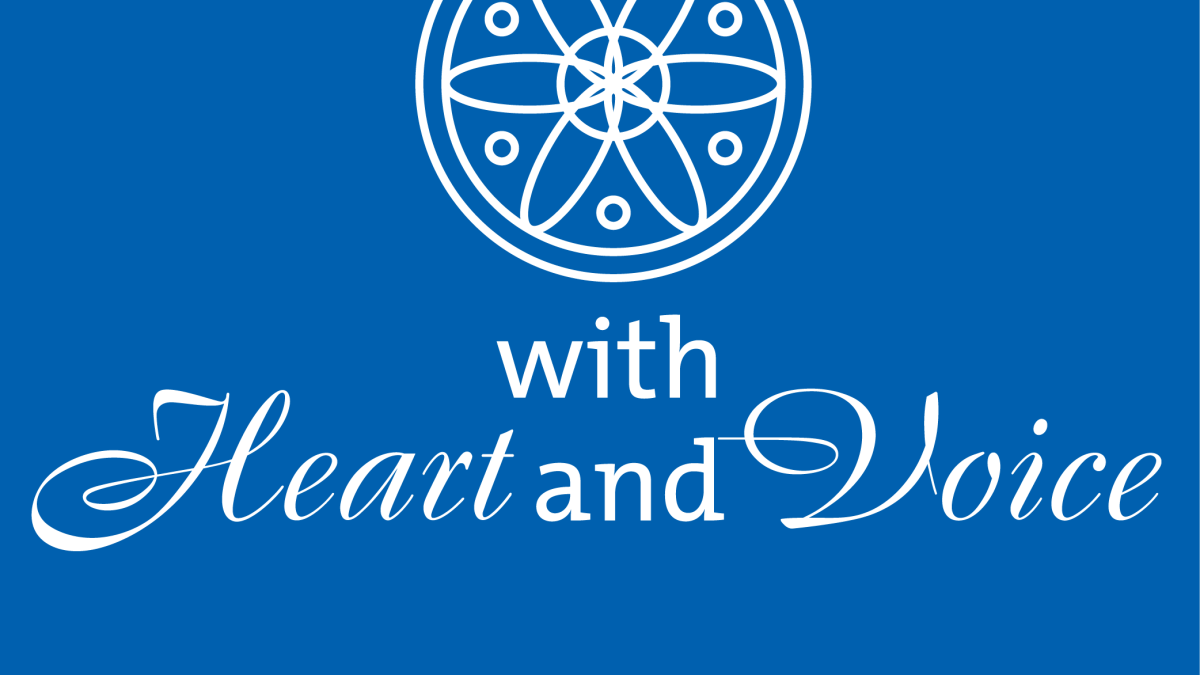 With Heart and Voice in white type on a blue background