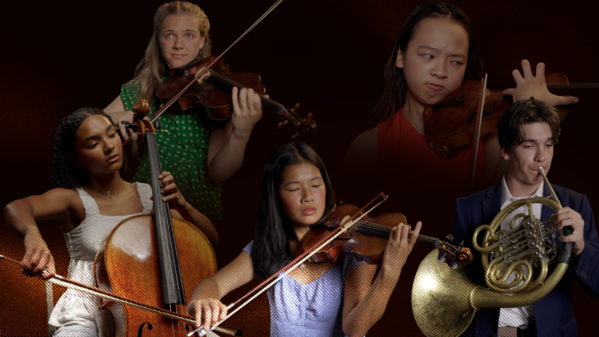 Five students playing their instruments.